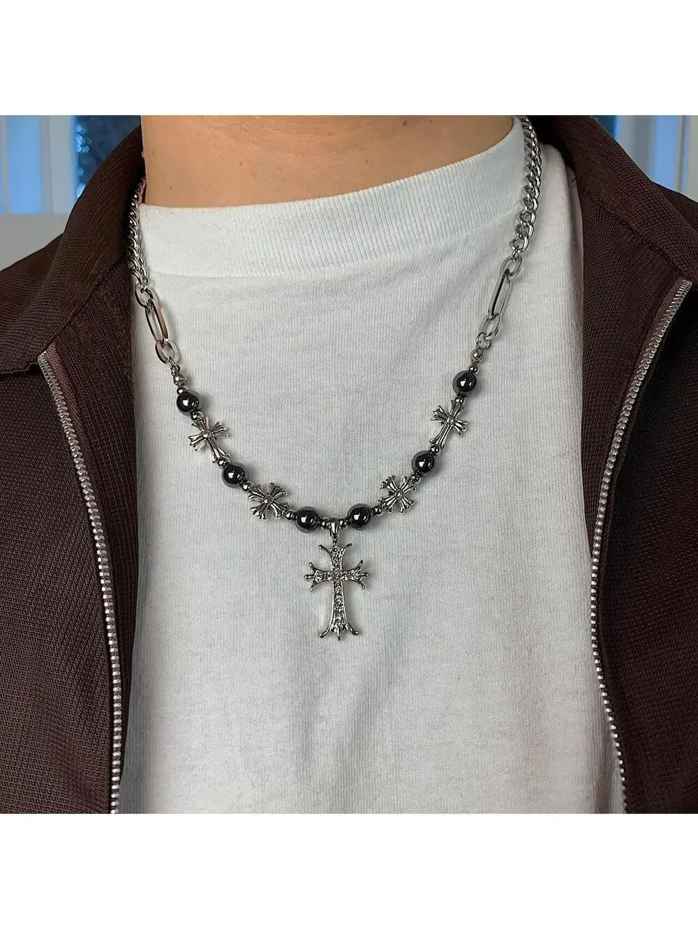 y2k 2000s style grunge chrome pearl rhinestone silver cross pendant Cuban link